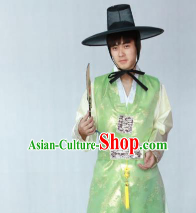 Korean Traditional Green Silk Long Vest Hanbok Asian Korea Bridegroom Fashion Costume for Men