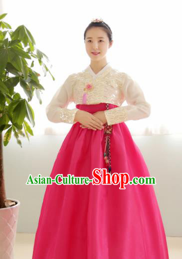 Korean Traditional Court Hanbok Garment Beige Blouse and Rosy Dress Asian Korea Fashion Costume for Women