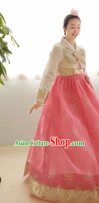 Korean Traditional Court Hanbok Garment Beige Blouse and Pink Dress Asian Korea Fashion Costume for Women