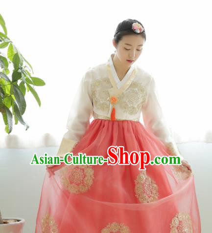 Korean Traditional Court Hanbok Garment White Blouse and Pink Dress Asian Korea Fashion Costume for Women
