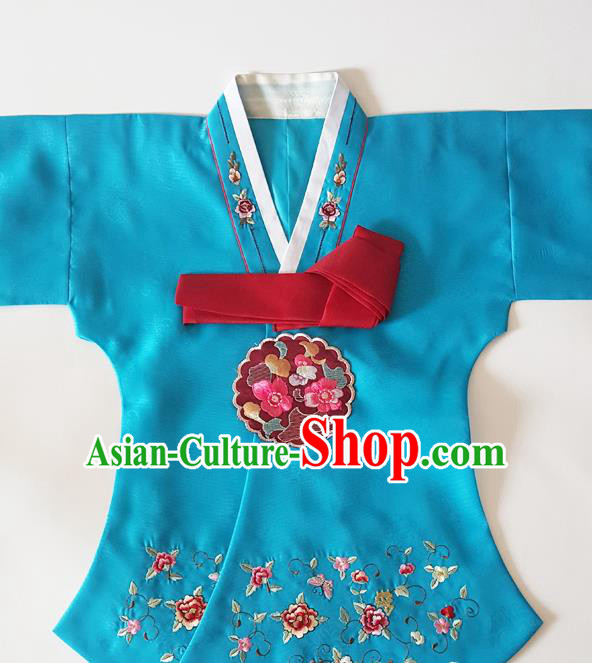 Korean Traditional Court Hanbok Garment Embroidered Peony Lake Blue Blouse Asian Korea Fashion Costume for Women