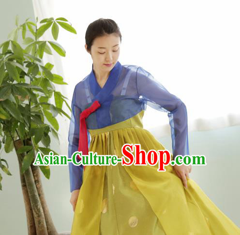 Korean Traditional Court Hanbok Garment Blue Blouse and Ginger Dress Asian Korea Fashion Costume for Women