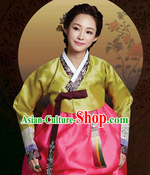 Korean Traditional Bride Mother Hanbok Garment Ginger Satin Blouse and Pink Dress Asian Korea Fashion Costume for Women