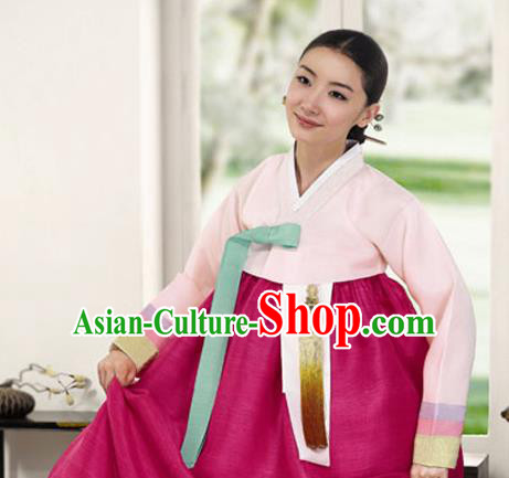 Korean Traditional Bride Mother Hanbok Garment Pink Satin Blouse and Rosy Dress Asian Korea Fashion Costume for Women