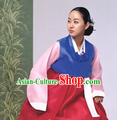 Korean Traditional Bride Mother Hanbok Garment Blue Satin Blouse and Red Dress Asian Korea Fashion Costume for Women