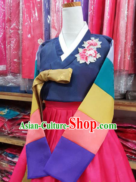 Korean Traditional Bride Mother Hanbok Embroidered Navy Blouse and Rosy Dress Garment Asian Korea Fashion Costume for Women