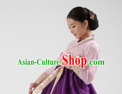 Korean Traditional Bride Mother Hanbok Pink Blouse and Purple Dress Garment Asian Korea Fashion Costume for Women