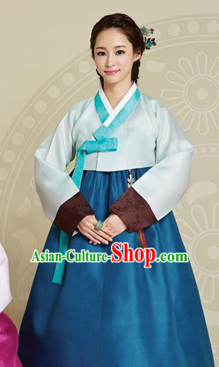 Korean Traditional Bride Mother Hanbok Light Blue Blouse and Dress Garment Asian Korea Fashion Costume for Women