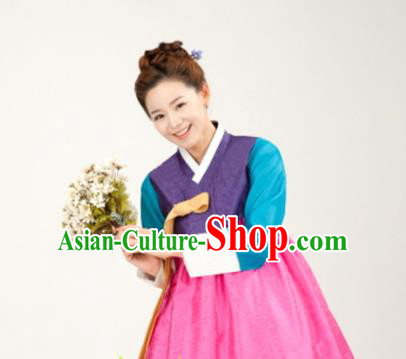 Korean Traditional Bride Mother Hanbok Purple Blouse and Pink Dress Garment Asian Korea Fashion Costume for Women