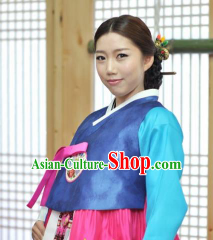 Korean Traditional Bride Mother Hanbok Navy Blouse and Rosy Dress Garment Asian Korea Fashion Costume for Women