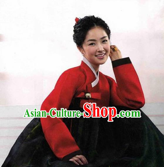 Korean Traditional Bride Hanbok Red Blouse and Black Dress Garment Asian Korea Fashion Costume for Women