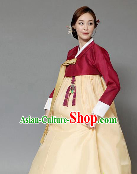 Korean Traditional Bride Hanbok Wine Red Blouse and Yellow Dress Garment Asian Korea Fashion Costume for Women