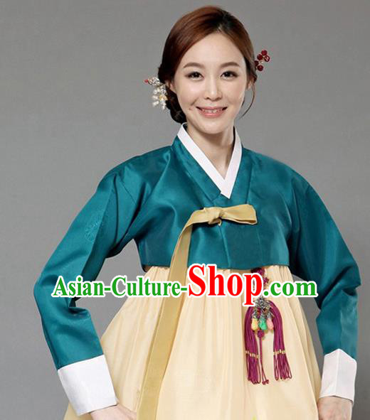 Korean Traditional Bride Hanbok Deep Green Blouse and Yellow Dress Garment Asian Korea Fashion Costume for Women