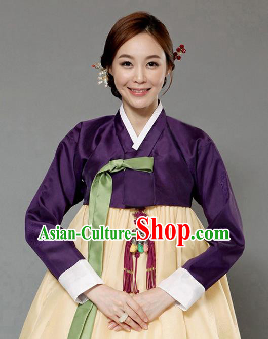Korean Traditional Bride Hanbok Deep Purple Blouse and Yellow Dress Garment Asian Korea Fashion Costume for Women