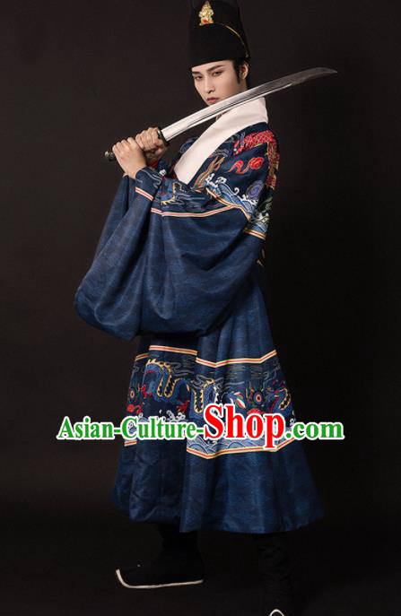 Chinese Traditional Ming Dynasty Swordsman Navy Embroidered Robe Ancient Imperial Bodyguard Costumes for Men