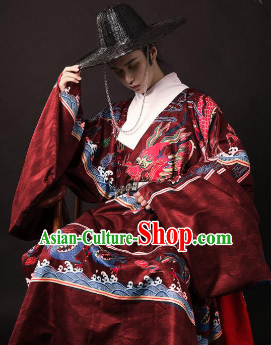 Chinese Traditional Ming Dynasty Blades Red Robe Ancient Imperial Guards Swordsman Costumes for Men
