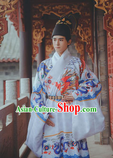 Chinese Traditional Ming Dynasty Emperor White Robe Ancient Blades Swordsman Costumes for Men
