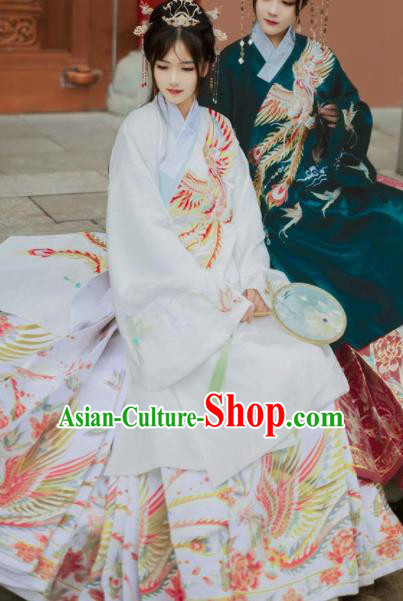 Chinese Traditional Ming Dynasty Nobility Lady Embroidered Phoenix White Coat and Skirt Ancient Royal Princess Costumes for Women