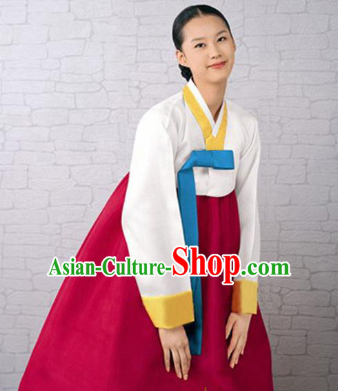 Korean Traditional Bride Court Hanbok White Satin Blouse and Wine Red Dress Garment Asian Korea Fashion Costume for Women