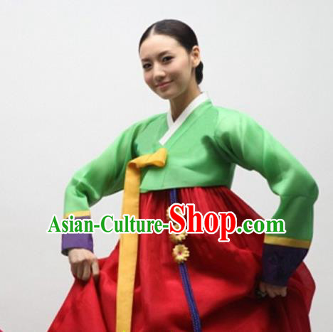 Korean Traditional Bride Mother Hanbok Green Satin Blouse and Red Dress Garment Asian Korea Fashion Costume for Women