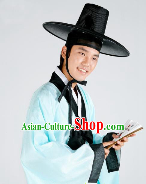 Korean Traditional Ancient Scholar Blue Robe and Pants Hanbok Asian Korea Bridegroom Fashion Costume for Men