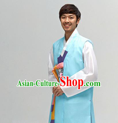 Korean Traditional Wedding Blue Long Vest and Pants Hanbok Asian Korea Bridegroom Fashion Costume for Men