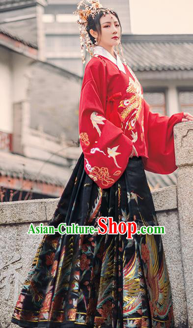 Chinese Traditional Ming Dynasty Princess Red Brocade Blouse and Skirt Ancient Palace Lady Costumes for Women