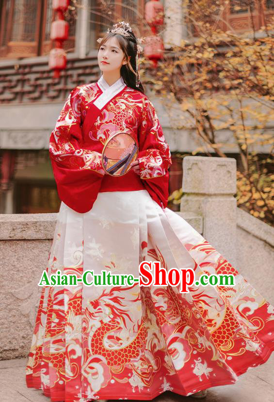 Chinese Traditional Wedding Hanfu Red Brocade Blouse and White Skirt Ancient Ming Dynasty Royal Princess Costumes for Women