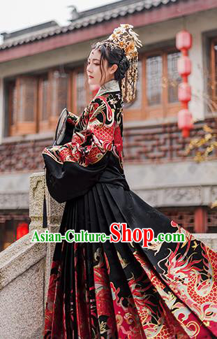 Chinese Traditional Hanfu Black Brocade Blouse and Skirt Ancient Ming Dynasty Imperial Consort Costumes for Women