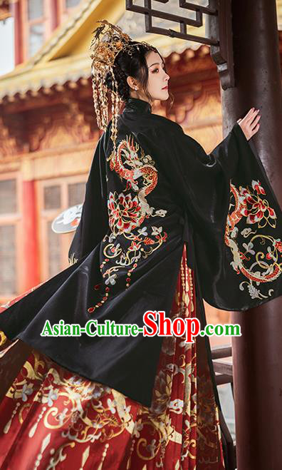Chinese Traditional Court Black Brocade Long Blouse and Skirt Ancient Ming Dynasty Imperial Consort Costumes for Women