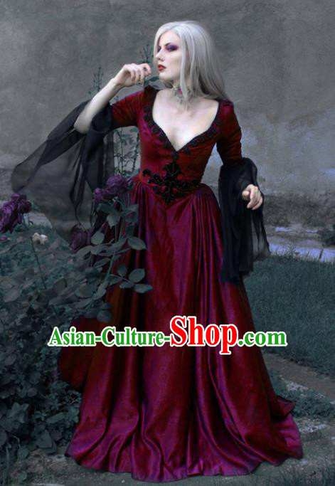 Western Halloween Cosplay Queen Wine Red Dress European Traditional Middle Ages Court Costume for Women