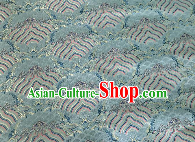 Asian Chinese Classical Wave Cliff Pattern Design Light Blue Brocade Jacquard Fabric Traditional Cheongsam Silk Material