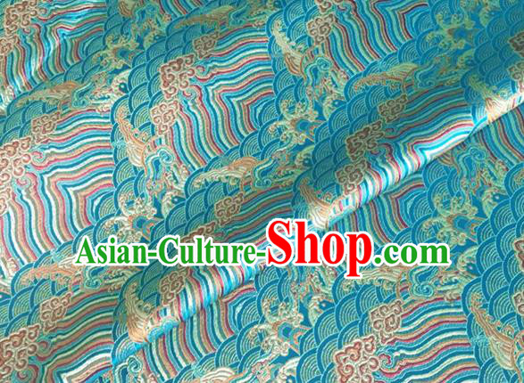 Asian Chinese Classical Wave Cliff Pattern Design Lake Blue Brocade Jacquard Fabric Traditional Cheongsam Silk Material