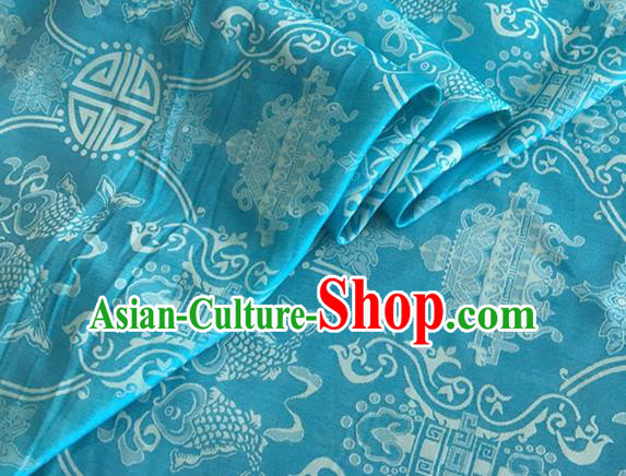 Asian Chinese Classical Double Fish Pattern Design Blue Silk Fabric Traditional Cheongsam Material