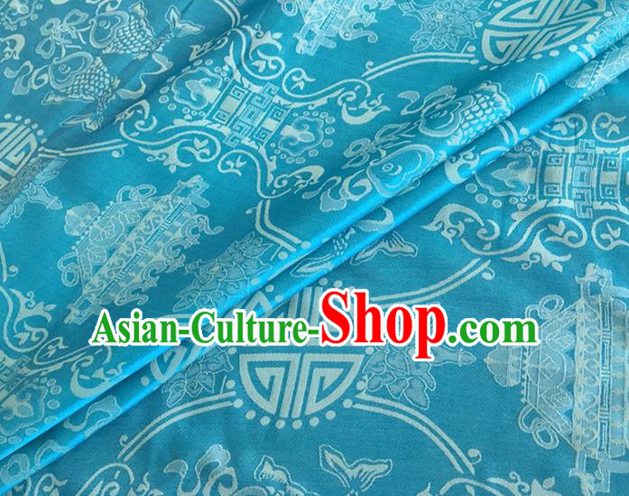 Asian Chinese Classical Double Fish Pattern Design Blue Silk Fabric Traditional Cheongsam Material