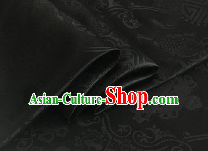 Asian Chinese Classical Double Fish Pattern Design Black Silk Fabric Traditional Cheongsam Material