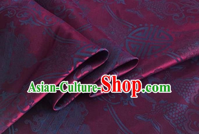 Asian Chinese Classical Double Fish Pattern Design Amaranth Silk Fabric Traditional Cheongsam Material