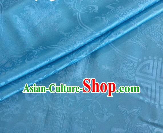 Asian Chinese Classical Double Fish Pattern Design Light Blue Silk Fabric Traditional Cheongsam Material