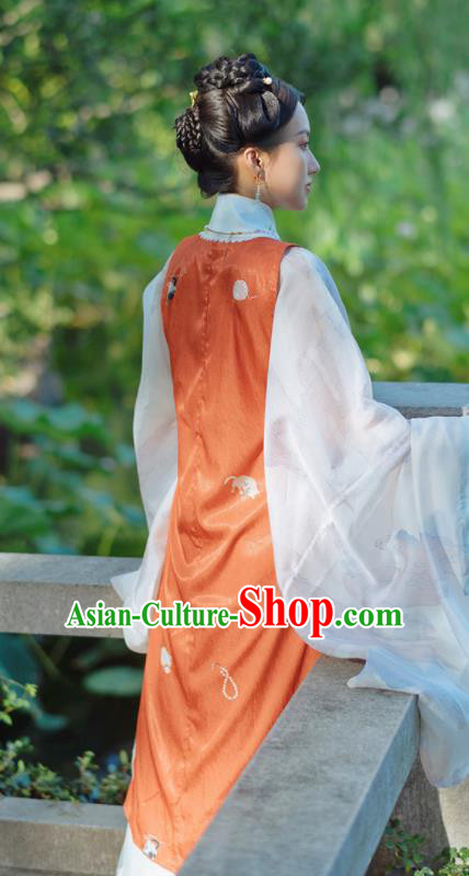 Chinese Traditional Hanfu Long Orange Vest Ancient Ming Dynasty Princess Costume for Women