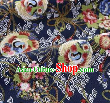 Asian Japanese Classical Swan Pattern Design Navy Silk Fabric Traditional Kimono Brocade Material