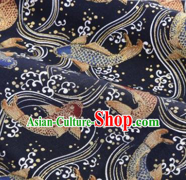 Asian Japanese Classical Fishes Pattern Design Navy Silk Fabric Traditional Kimono Brocade Material