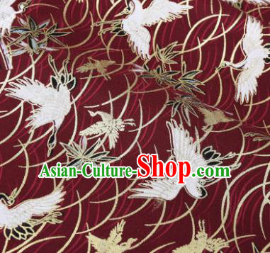 Asian Japanese Classical Crane Pattern Design Wine Red Silk Fabric Traditional Kimono Brocade Material