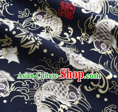 Asian Japanese Classical Carp Pattern Design Navy Silk Fabric Traditional Kimono Brocade Material