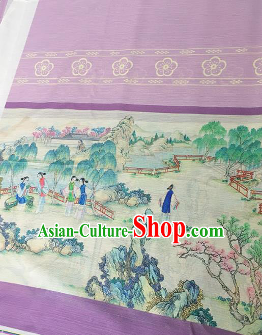Asian Chinese Classical Printing Dream of the Red Chamber Pattern Design Lilac Silk Fabric Traditional Hanfu Brocade Material