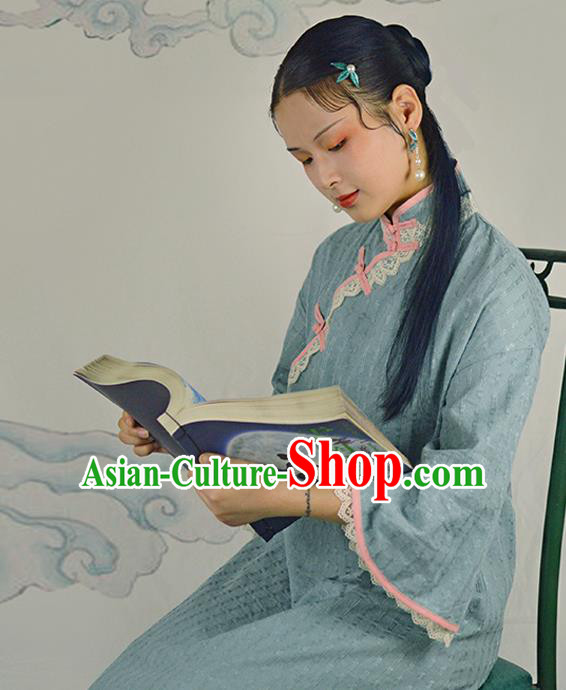 Chinese Traditional Blue Linen Qipao Dress National Costume Cheongsam for Women