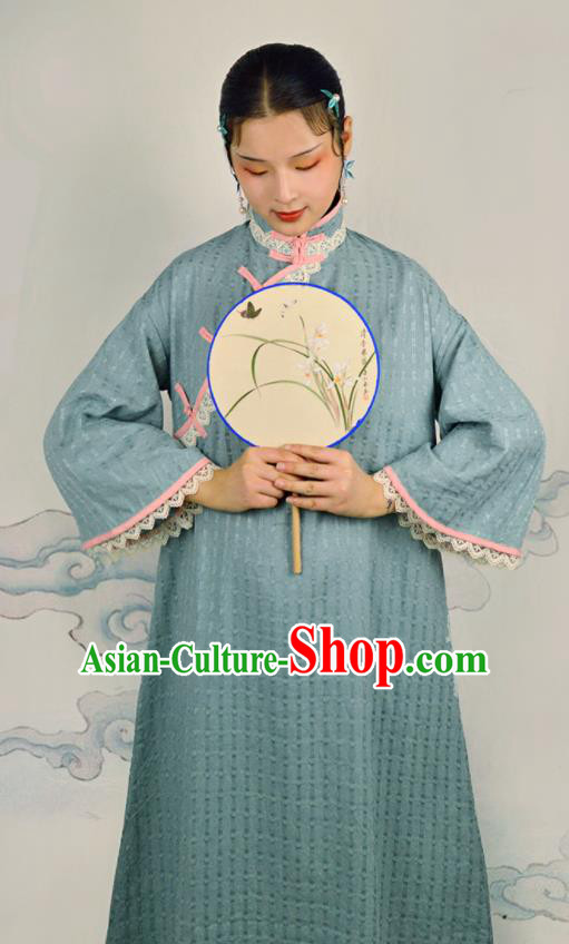 Chinese Traditional Blue Linen Qipao Dress National Costume Cheongsam for Women