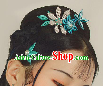 Chinese Traditional Blue Flower Pearls Hairpin Handmade Hanfu Hair Accessories for Women
