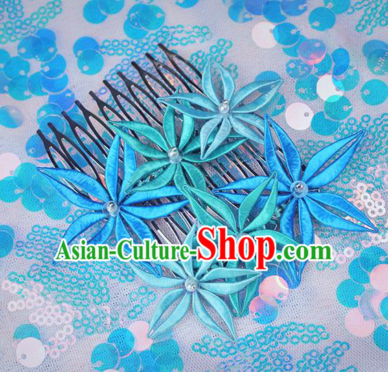 Chinese Traditional Blue Flowers Hair Comb Handmade Hanfu Hair Accessories for Women