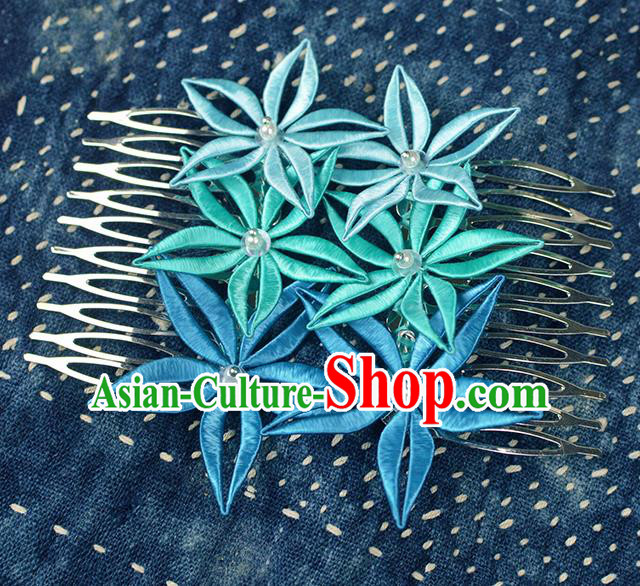 Chinese Traditional Blue Flowers Hair Comb Handmade Hanfu Hair Accessories for Women