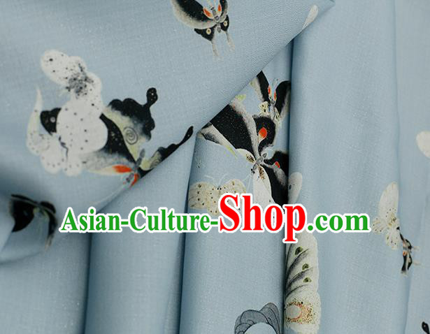 Asian Chinese Classical Printing Butterfly Pattern Design Blue Silk Fabric Traditional Hanfu Brocade Material